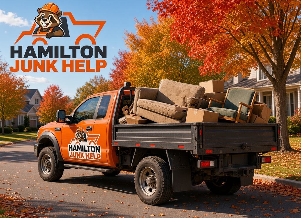 Orange truck loaded with an old sofa and boxes on a Hamilton street in autumn